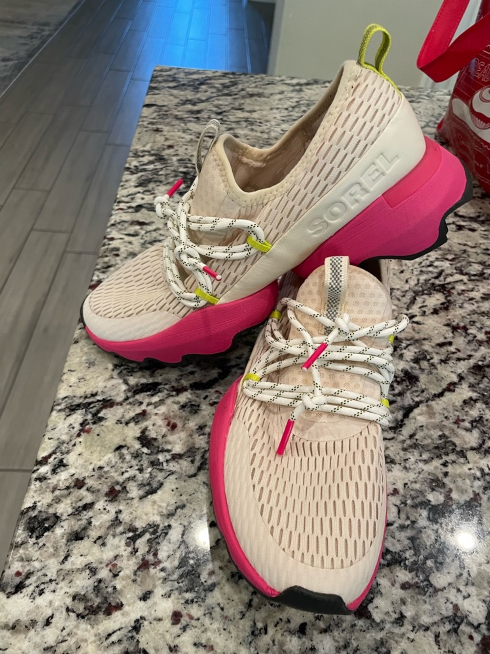 Sorel Women's Cream Knit Athletic Sneakers with Bright Pink Platform